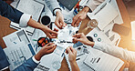 Hands, puzzle and above at meeting for finance, documents and team with problem solving at office. Business people, group and circle with link, solution or synergy with jigsaw for revenue at company