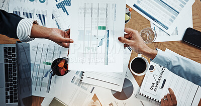 Buy stock photo Hands, meeting and above with documents, finance and review with graphs for stats at office. Men, women and paperwork with laptop, charts and feedback for performance, revenue and pc at company