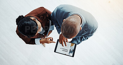 Buy stock photo Tablet screen, teamwork and above of business people in office for smart product, website ui or research. Branding, creative solution and partnership with employees in agency for newsletter and space