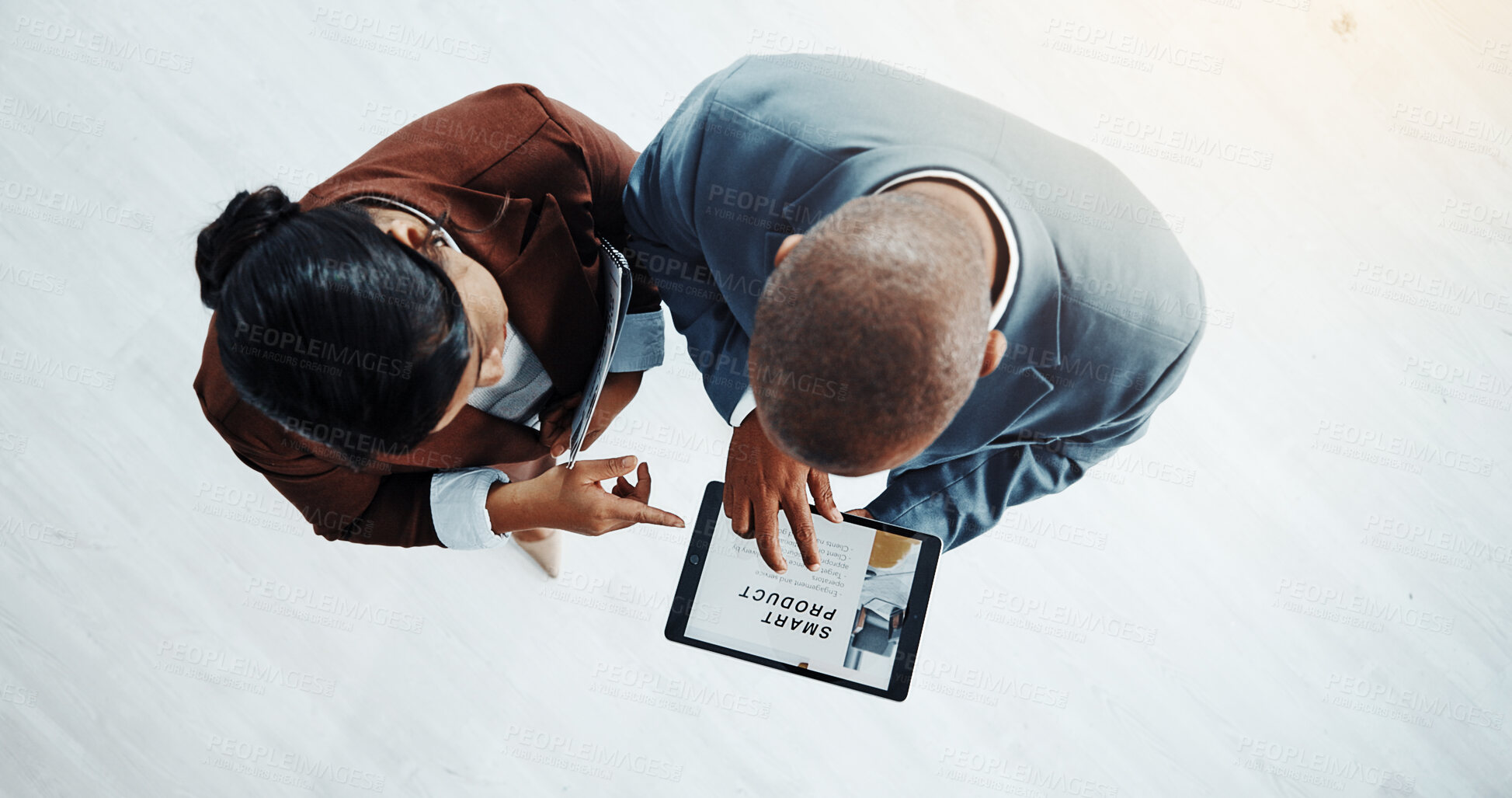 Buy stock photo Tablet screen, teamwork and above of business people in office for smart product, website ui or research. Branding, creative solution and partnership with employees in agency for newsletter and space