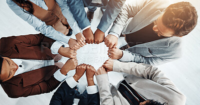 Buy stock photo `Teamwork, fist bump and above of business people in office for solidarity, agreement and partnership. Professional, corporate and workers together for collaboration, support and coworking synergy