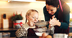 Baking, home and mother with girl, ingredients and bonding together with love, meal prep and learning. Child development, food and mama with daughter, parent and family with growth, bowl and teaching