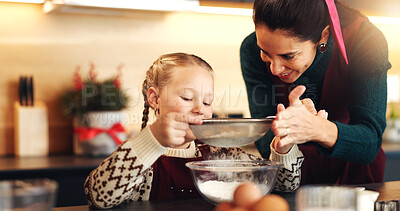 Buy stock photo Baking, home and mother with girl, ingredients and bonding together with love, meal prep and learning. Child development, food and mama with daughter, parent and family with growth, bowl and teaching