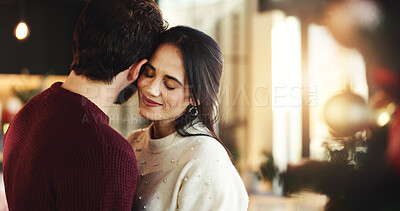 Buy stock photo Dancing, couple and smile for Christmas, home or romance in festive season, embrace and celebration. Happy, woman and bonding with man on holiday, December or love on weekend in house or relationship