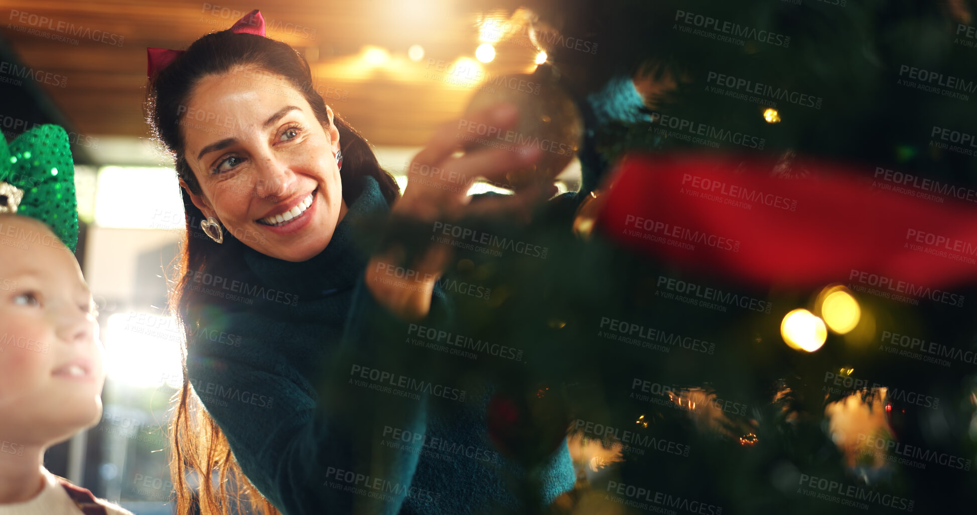 Buy stock photo Christmas tree, decoration and smile of mother with daughter in living room of home for celebration. Creative, event or festive with happy single parent and girl child getting ready in apartment