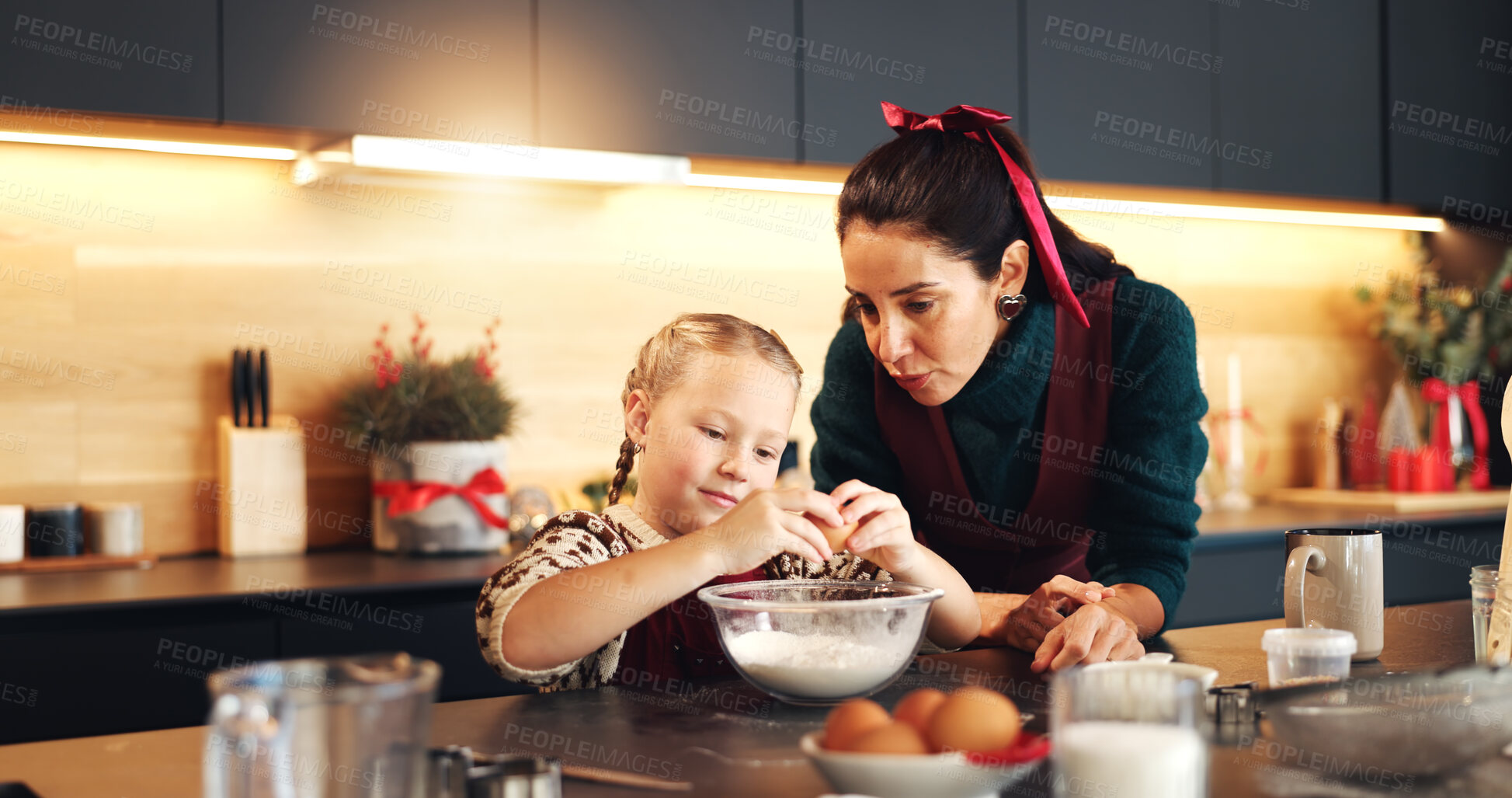 Buy stock photo Mom, girl and egg with baking at Christmas with guide, teaching and cookie ingredients in home. Child, mother and daughter with kitchen help, learning support and xmas celebration in family house