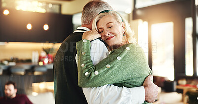 Buy stock photo Hug, couple or dancing in home for Christmas, love or romance in relationship or embrace. Happy woman, festive season or senior people bonding in lounge for xmas holiday, marriage or support in house
