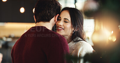 Buy stock photo Dancing, couple and celebration for Christmas, smile or romance in festive season, embrace and home. Happy, woman and bonding with man on holiday, December or love on weekend in house or relationship