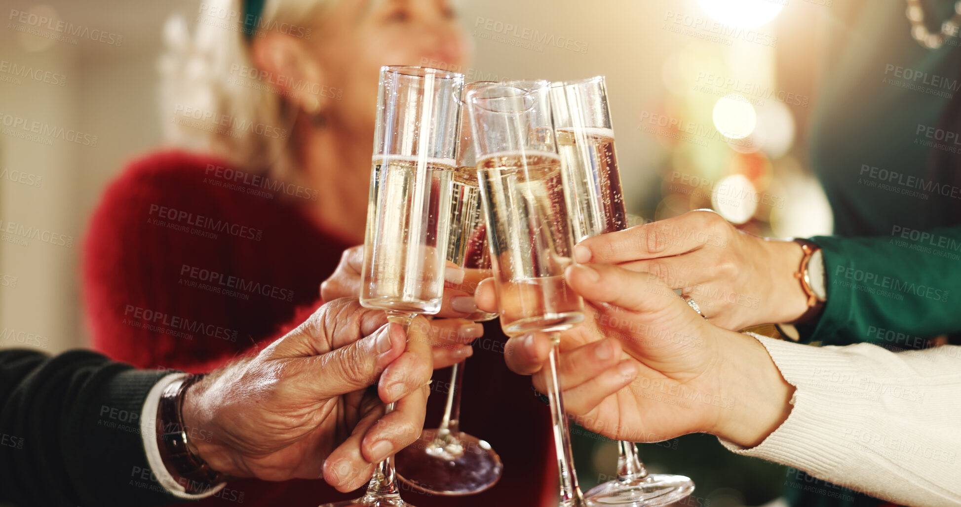 Buy stock photo People, hands and cheers with champagne glasses for thanksgiving, toast or celebration together. Closeup, group or alcohol with drink or memory for new year event, festive holiday or Christmas party