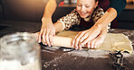 Baking, dough and mother in kitchen, girl and bonding together with ingredients, love and rolling pin. Child development, teaching or mama with daughter, learning and family with smile, home or cake