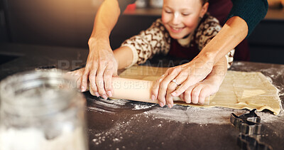 Buy stock photo Baking, dough and mother in kitchen, girl and bonding together with ingredients, love and rolling pin. Child development, teaching or mama with daughter, learning and family with smile, home or cake