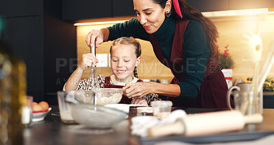 Buy stock photo Baking, home and mother in kitchen, girl and bonding together with ingredients, love and learning. Child development, food and mama with daughter, parent and family with helping, bowl and meal prep