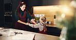 Christmas, dance and smile of mother with daughter in kitchen of home for baking or celebration. Having fun, music or recipe with happy single parent and girl child in apartment for festive cooking
