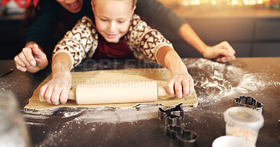 Buy stock photo Rolling pin, mom and kid baking in home for learning, love or bonding in kitchen with bokeh. Parent, child and hands cooking with dough, help and teaching recipe to happy girl for cookies with family