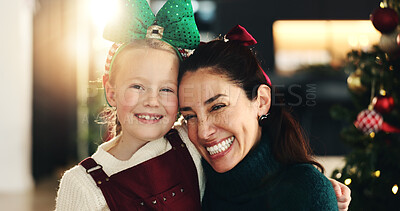 Buy stock photo Happy girl, mother and portrait with hug for christmas celebration or festive holiday together in home. Embrace, mom and child with love, smile or joy for december weekend and family in house