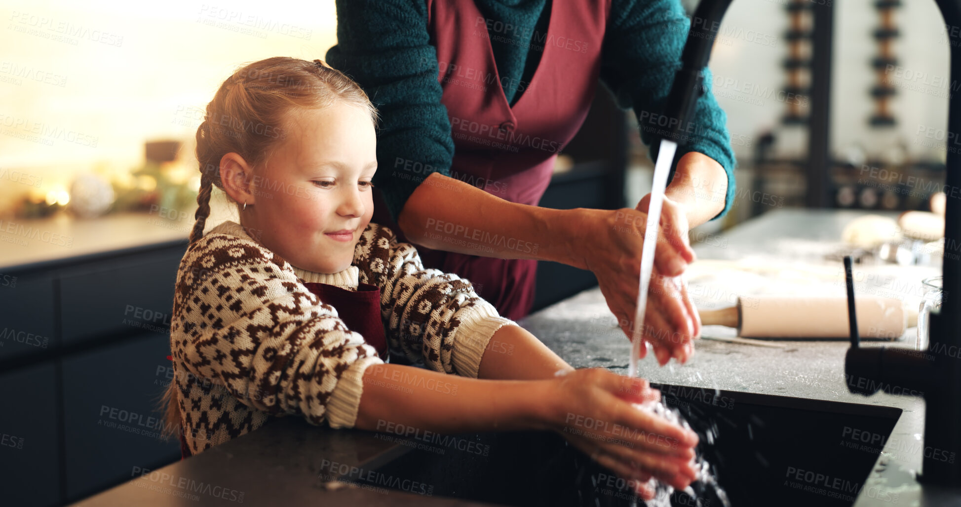 Buy stock photo Teaching, washing hands or mother with girl in kitchen for learning, hygiene or cleaning in family. Tap, cooking or single parent with happy kid in home for protection of bacteria, dirt and germs