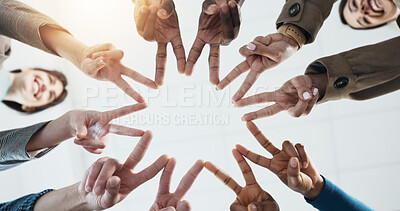 Buy stock photo Business, people and star fingers in office for team building, solidarity and shape for motivation. Below, staff and scrum in circle for collaboration, employees unity and connection with synergy