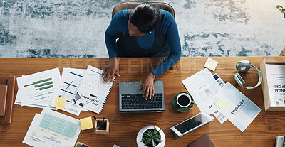Buy stock photo Laptop, finance paperwork and black woman in office with typing for budget report with email. Computer, top view and African female financial advisor with documents for investment statistics or data.