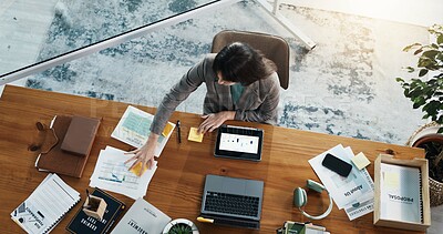 Buy stock photo Above, woman and paperwork with sticky note for planning, content marketing expert and data in office. Documents, ideas or social media strategist with strategy, tablet screen and project management