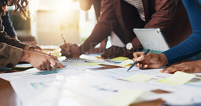 Buy stock photo Collaboration, hands and paper with business people in office boardroom for meeting or planning. Information, marketing and strategy with employee team in workplace for chart, data or graph review