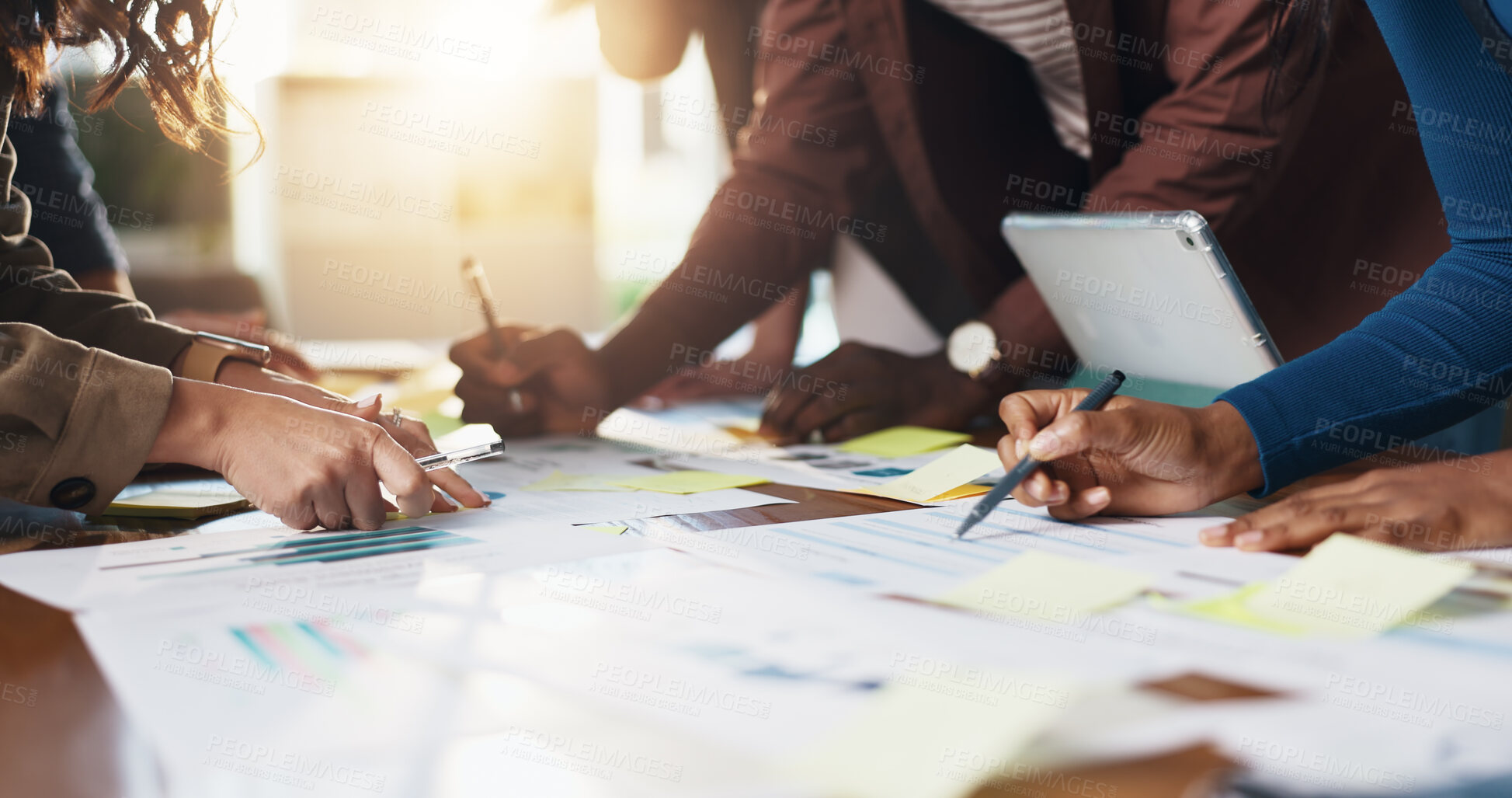 Buy stock photo Collaboration, hands and paper with business people in office boardroom for meeting or planning. Information, marketing and strategy with employee team in workplace for chart, data or graph review