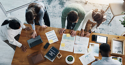 Buy stock photo Documents, technology and team of business people in office with planning for investment growth. Paperwork, discussion and group of financial advisors with statistics for profit report from above.