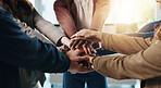 Business, people and hand stack in office for team building, solidarity and trust with motivation. Staff, scrum and hands together in circle for collaboration, employees unity and huddle with synergy