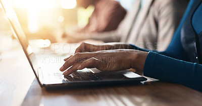 Buy stock photo Laptop, hands and businesswoman in office with typing for email or contact for investment proposal. Technology, communication and female financial manager with computer for online finance report.