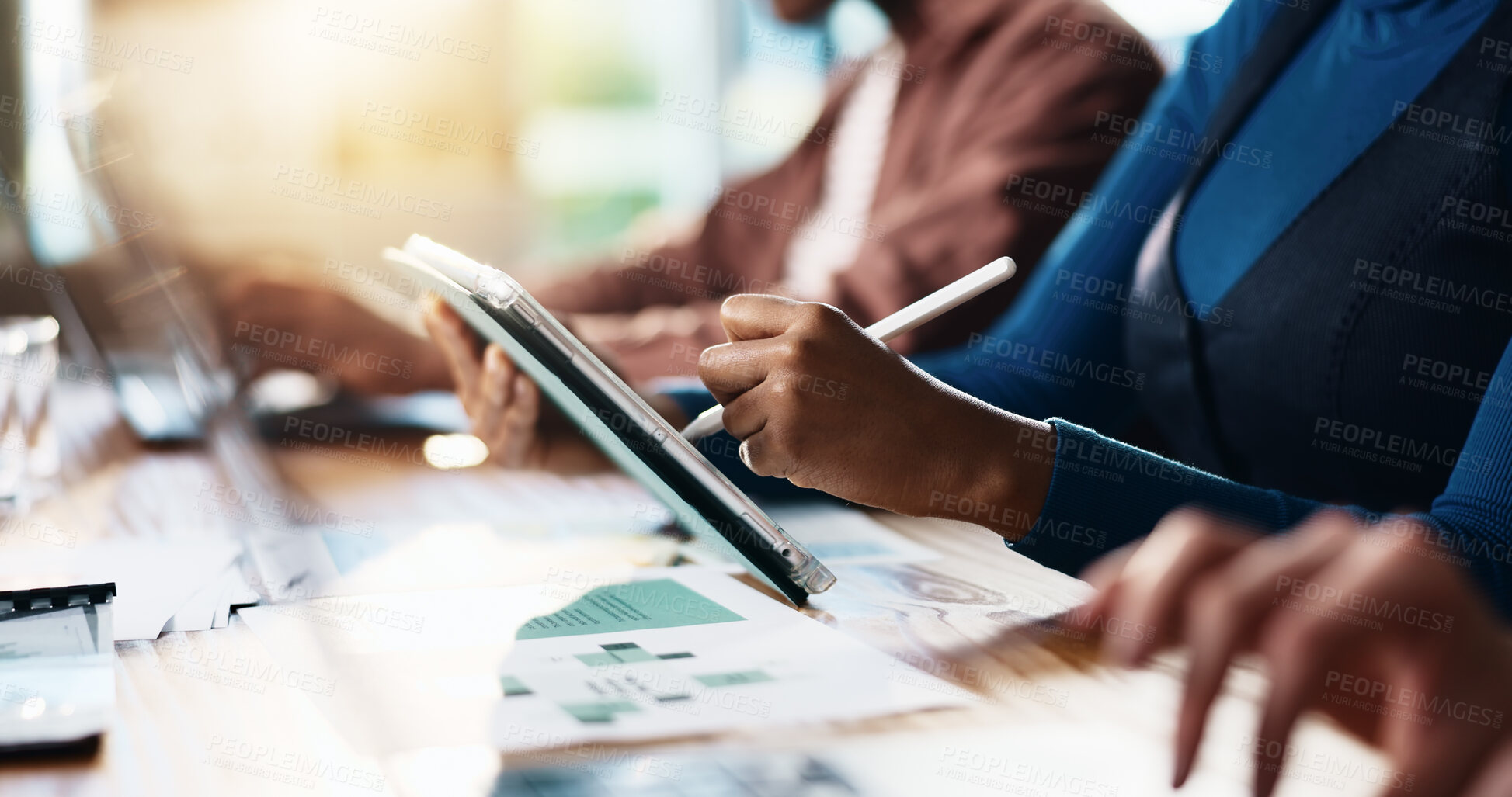 Buy stock photo Design, hands and tablet with business person at desk in coworking office for creative development. App, pen and writing with graphic designer in workplace for website illustration or planning
