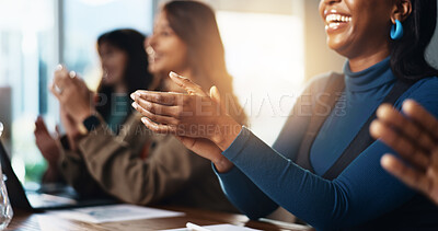 Buy stock photo Business people, group and clapping hands for celebration, success and company milestone. Happy team, applause and cheering for promotion, bonus and goal accomplishment with excellence in meeting