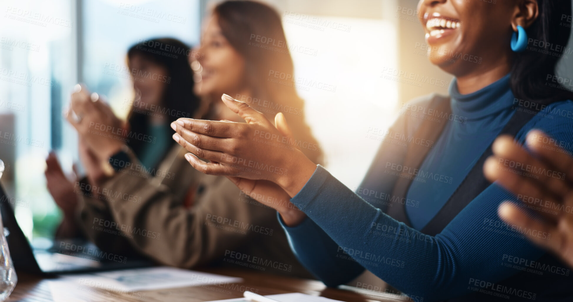 Buy stock photo Business people, group and clapping hands for celebration, success and company milestone. Happy team, applause and cheering for promotion, bonus and goal accomplishment with excellence in meeting