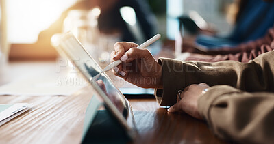 Buy stock photo Hands, pen and tablet with business person at desk in coworking office for design or development. App, creative and writing with graphic designer in workplace for website illustration or planning