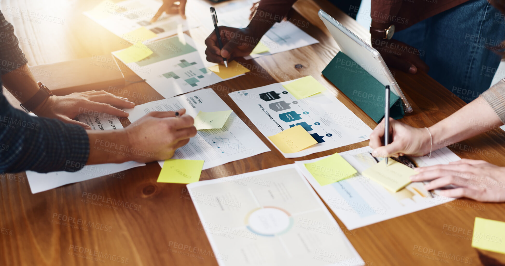 Buy stock photo Collaboration, documents and hands of business people in office boardroom for meeting or planning. Infographic, marketing and strategy with employee team in workplace for chart, data or graph review