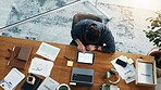 Above, man and tablet with graphs for analysis, content marketing expert and check data in office. Paperwork, graph or social media strategist with analytics on screen for online platform performance