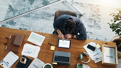 Buy stock photo Above, man and tablet with graphs for analysis, content marketing expert and check data in office. Paperwork, chart or social media strategist with analytics on screen for online platform performance