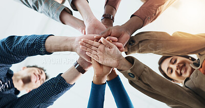 Buy stock photo Below, business and people with hand stack for team building, solidarity and trust with motivation. Staff, scrum and huddle in circle with collaboration, employees unity and synergy for connection