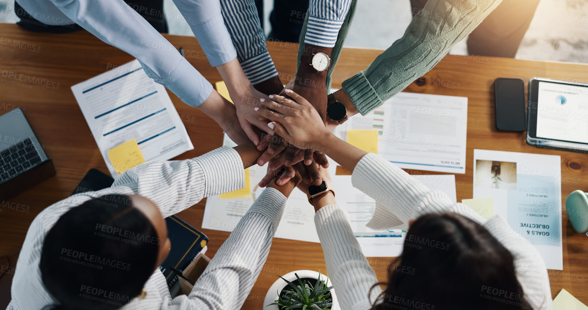 Buy stock photo Stack of hands, support and business people in office for unity, solidarity and collaboration. Team building, top view and group of corporate employees with partnership, goal or trust in workplace.