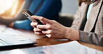 Hands, smartphone and business woman in office for social media, text message or campaign proposal. Mobile, creative worker and online at workplace for meeting, coworking or brand promotion email