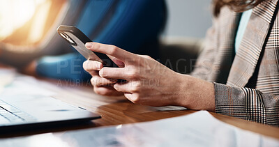 Buy stock photo Hands, smartphone and business woman in office for social media, text message or campaign proposal. Mobile, creative worker and online at workplace for meeting, coworking or brand promotion email