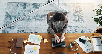 Buy stock photo Above, woman and typing on laptop for planning, content marketing expert and report writing in office. Documents, ideas or social media strategist at desk, sticky note and PC for creative proposal