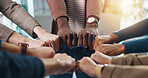 Hands, people and fist together in office for team building, solidarity and trust with motivation. Staff, scrum and huddle in circle icon for collaboration, employees unity and synergy for connection