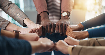 Buy stock photo Hands, people and fist together in office for team building, solidarity and trust with motivation. Staff, scrum and huddle in circle icon for collaboration, employees unity and synergy for connection