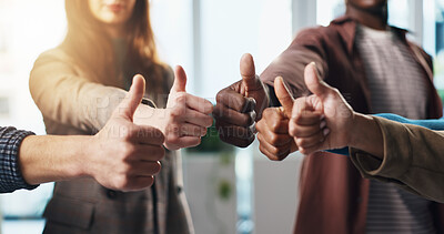 Buy stock photo Business people, hands and group with thumbs up in office for diversity, inclusion or feedback. Team, employees or gesture with like emoji, yes sign or OK for work cohesion, well done or agreement