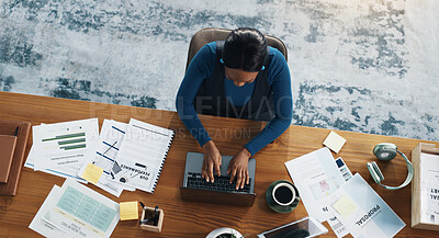 Buy stock photo Laptop, finance documents and black woman in office with typing for budget report with email. Computer, top view and African female financial advisor with paperwork for investment statistics or data.