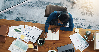 Buy stock photo Above, woman and notebook for writing, content marketing expert and strategy notes in office. Paperwork, planning and social media strategist with info for creative project on online platform at desk