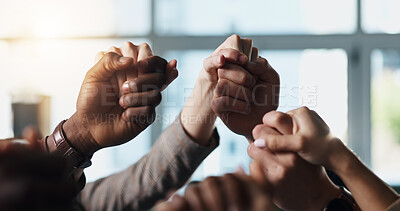 Buy stock photo Holding hands, community and business people in unity for support, help and solidarity in office. Men, women or group together for teamwork, collaboration and trust with commitment and respect