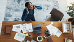 Headphones, documents and black woman in office with music, radio or album online from above. Happy, paperwork and African female financial advisor listening to playlist for productivity in workplace
