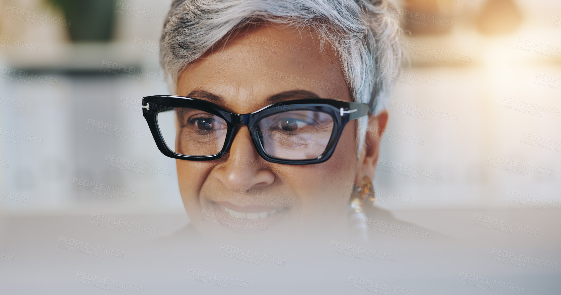Buy stock photo Happy, woman and reading on computer in office for editor feedback, information and article post. Mature journalist, glasses and reflection of PC for proofreading, update draft and story publication