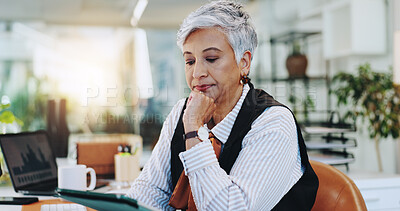 Buy stock photo Thinking, reading and tablet with business woman in office for planning, research and schedule appointment. Application solution, problem solving and reflection with mature person for report insight