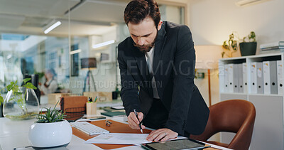 Buy stock photo Signing, document and man in office, entrepreneur and agreement for business loan, funding or grant. Writing, paperwork and person with investment contract, terms and policy on table and approval